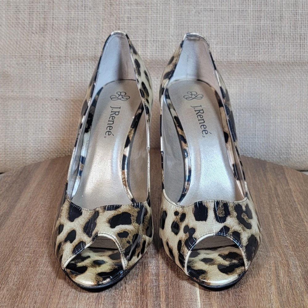 J. Renee Leda Heels Leopard Print Patent Leather Peep Toe Stiletto Size 8 M - Picture 2 of 11